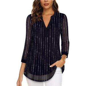 Women's 3/4 Sleeve Blouses - Casual V-Neck Double Layer Mesh Tunic Tops